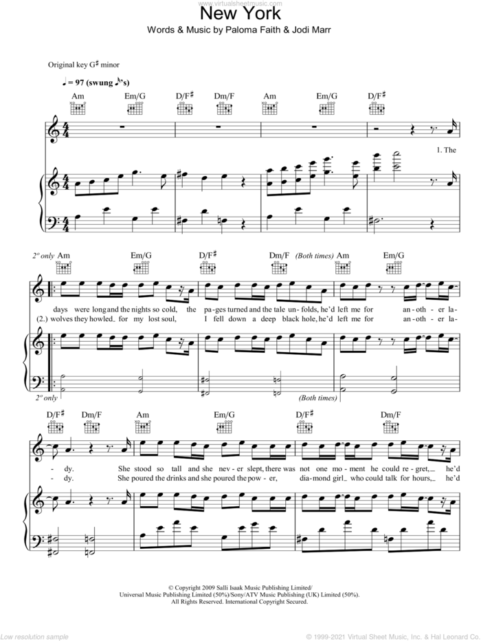 New York sheet music for voice, piano or guitar by Paloma Faith and Jodi Marr, intermediate skill level