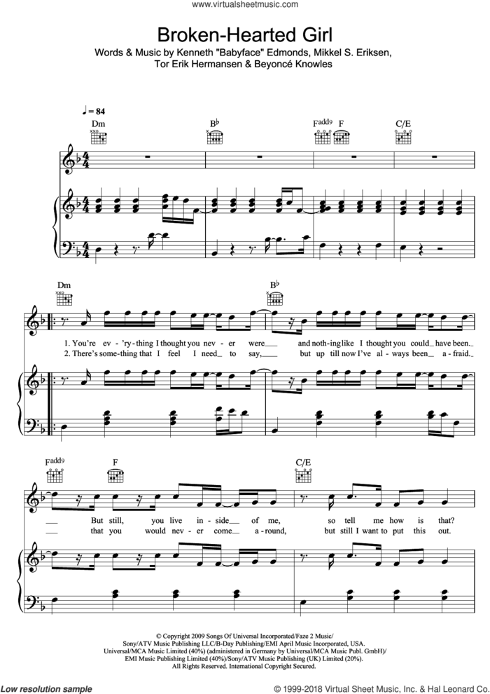 Broken-Hearted Girl sheet music for voice, piano or guitar by Beyonce, Babyface, Beyonce Knowles, Kenneth 'Babyface' Edmonds, Mikkel S. Eriksen and Tor Erik Hermansen, intermediate skill level