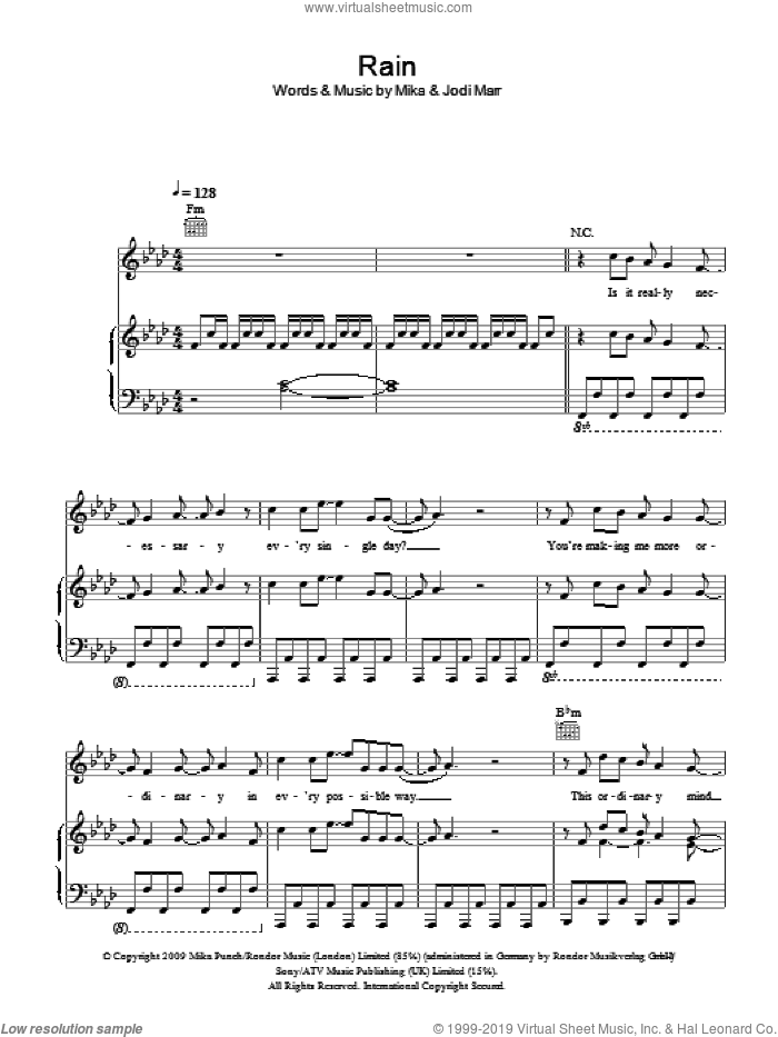 Rain sheet music for voice, piano or guitar by Mika and Jodi Marr, intermediate skill level