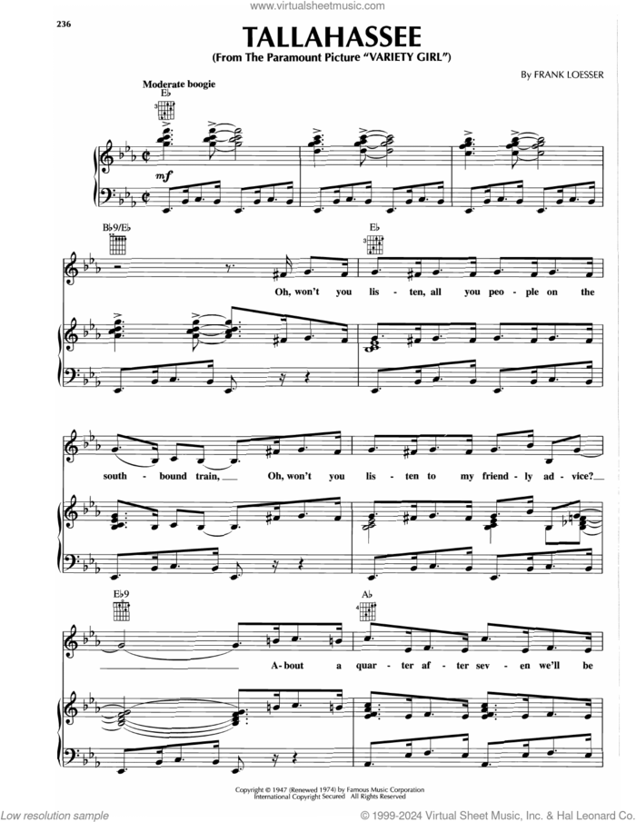 Tallahassee sheet music for voice, piano or guitar by Frank Loesser, intermediate skill level