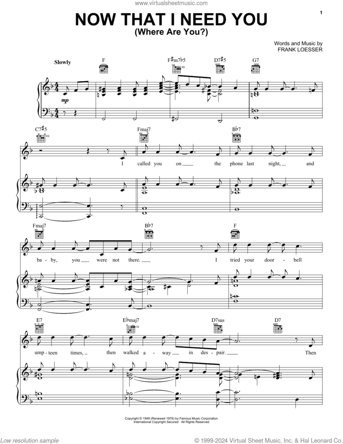 Now That I Need You (Where Are You?) sheet music for voice, piano or guitar by Frank Loesser, intermediate skill level