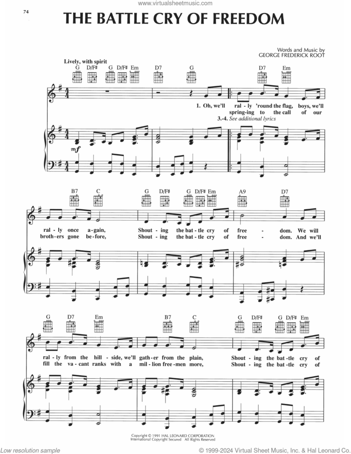 The Battle Cry Of Freedom sheet music for voice, piano or guitar by George Frederick Root, intermediate skill level