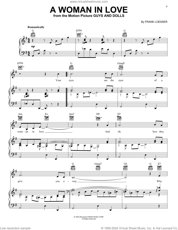 A Woman In Love sheet music for voice, piano or guitar by Frank Loesser, intermediate skill level
