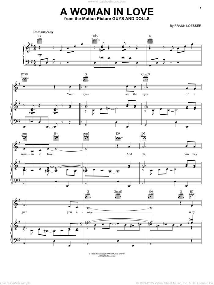 A Woman In Love sheet music for voice, piano or guitar by Frank Loesser, intermediate skill level