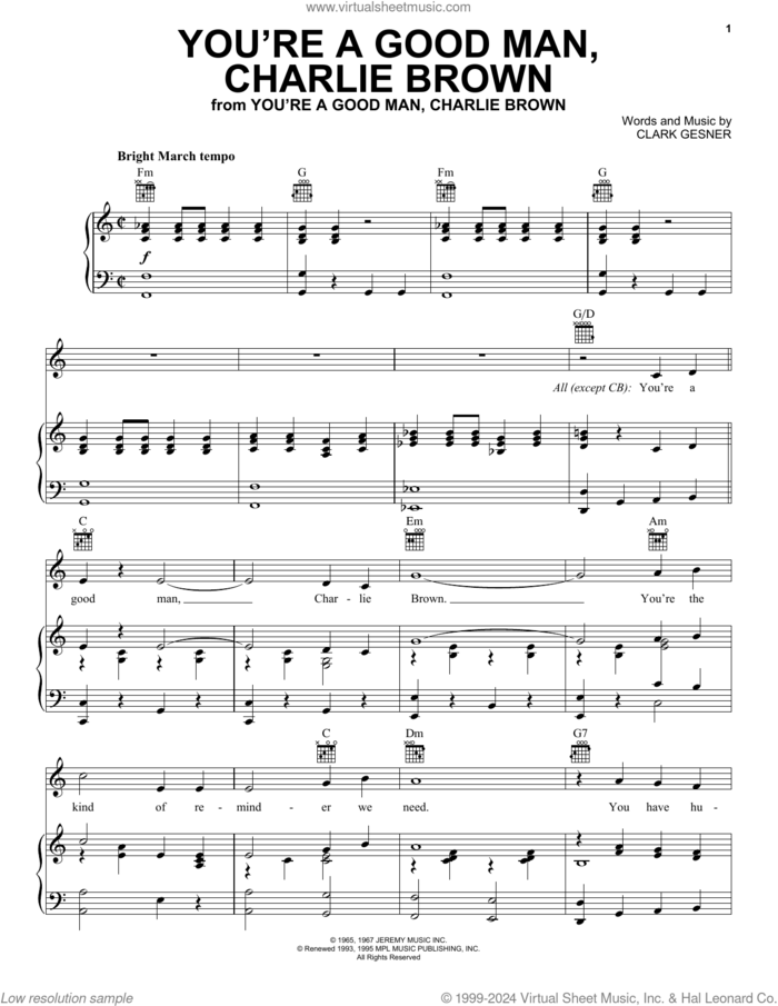You're A Good Man, Charlie Brown sheet music for voice, piano or guitar by Clark Gesner, intermediate skill level