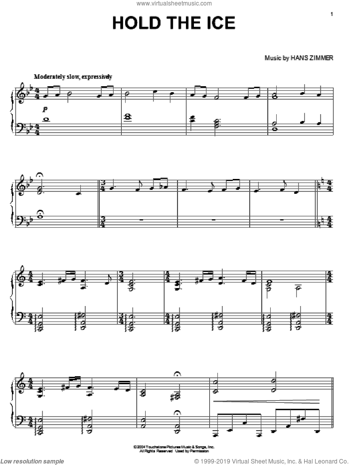 Hold The Ice sheet music for piano solo by Hans Zimmer, intermediate skill level