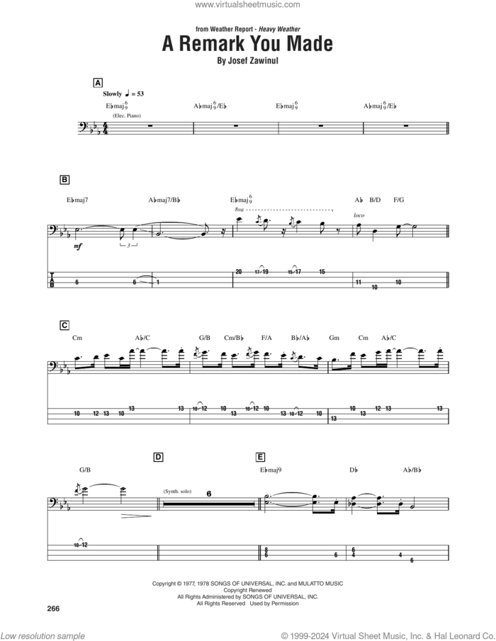 A Remark You Made sheet music for bass (tablature) (bass guitar) by Weather Report, Jaco Pastorius and Josef Zawinul, intermediate skill level