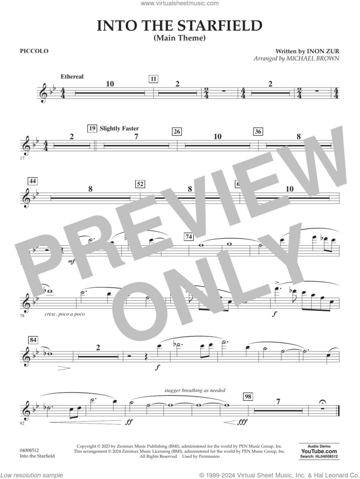 Into The Starfield (arr. Michael Brown) sheet music for concert band (piccolo) by Inon Zur and Michael Brown, intermediate skill level