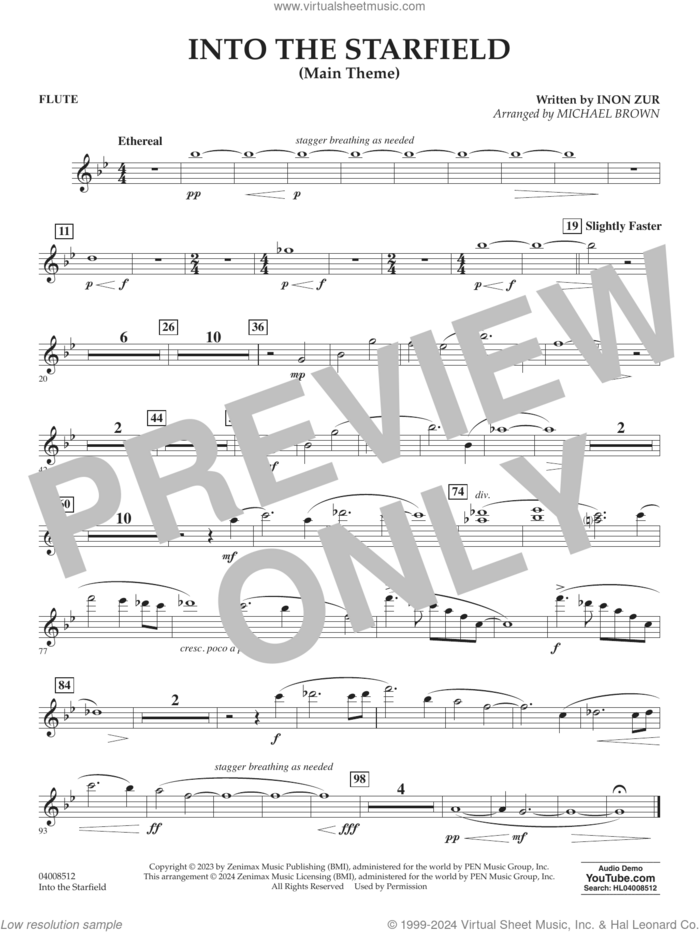 Into The Starfield (arr. Michael Brown) sheet music for concert band (flute) by Inon Zur and Michael Brown, intermediate skill level