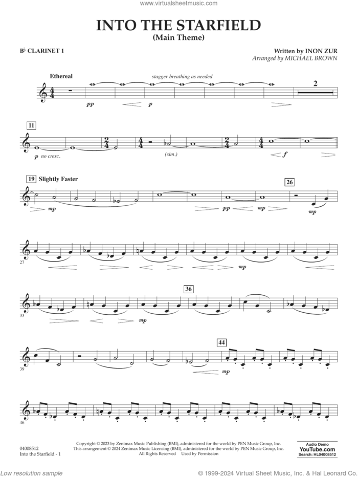 Into The Starfield (arr. Michael Brown) sheet music for concert band (Bb clarinet 1) by Inon Zur and Michael Brown, intermediate skill level