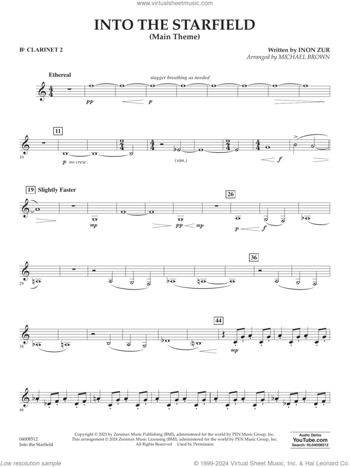Into The Starfield (arr. Michael Brown) sheet music for concert band (Bb clarinet 2) by Inon Zur and Michael Brown, intermediate skill level