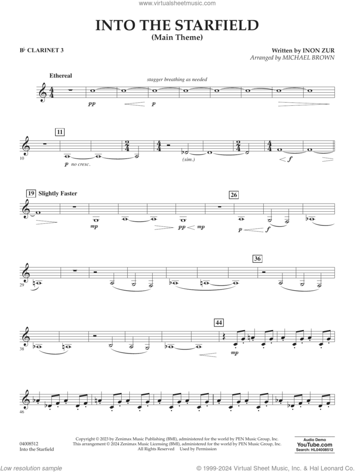 Into The Starfield (arr. Michael Brown) sheet music for concert band (Bb clarinet 3) by Inon Zur and Michael Brown, intermediate skill level