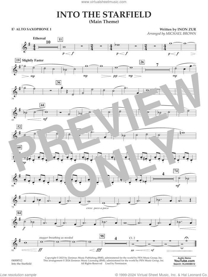 Into The Starfield (arr. Michael Brown) sheet music for concert band (Eb alto saxophone 1) by Inon Zur and Michael Brown, intermediate skill level