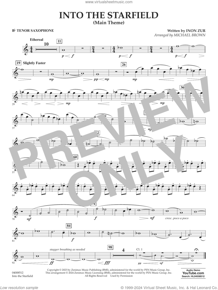 Into The Starfield (arr. Michael Brown) sheet music for concert band (Bb tenor saxophone) by Inon Zur and Michael Brown, intermediate skill level