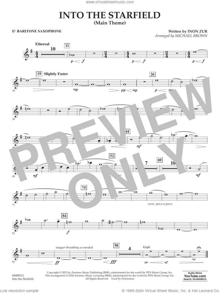 Into The Starfield (arr. Michael Brown) sheet music for concert band (Eb baritone saxophone) by Inon Zur and Michael Brown, intermediate skill level