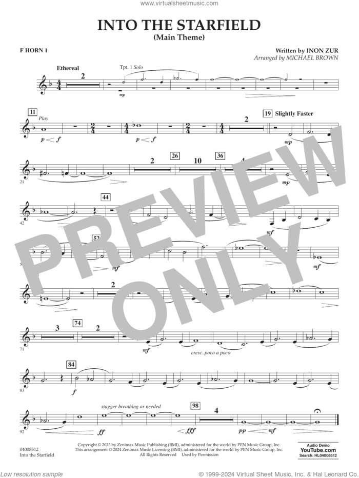 Into The Starfield (arr. Michael Brown) sheet music for concert band (f horn 1) by Inon Zur and Michael Brown, intermediate skill level