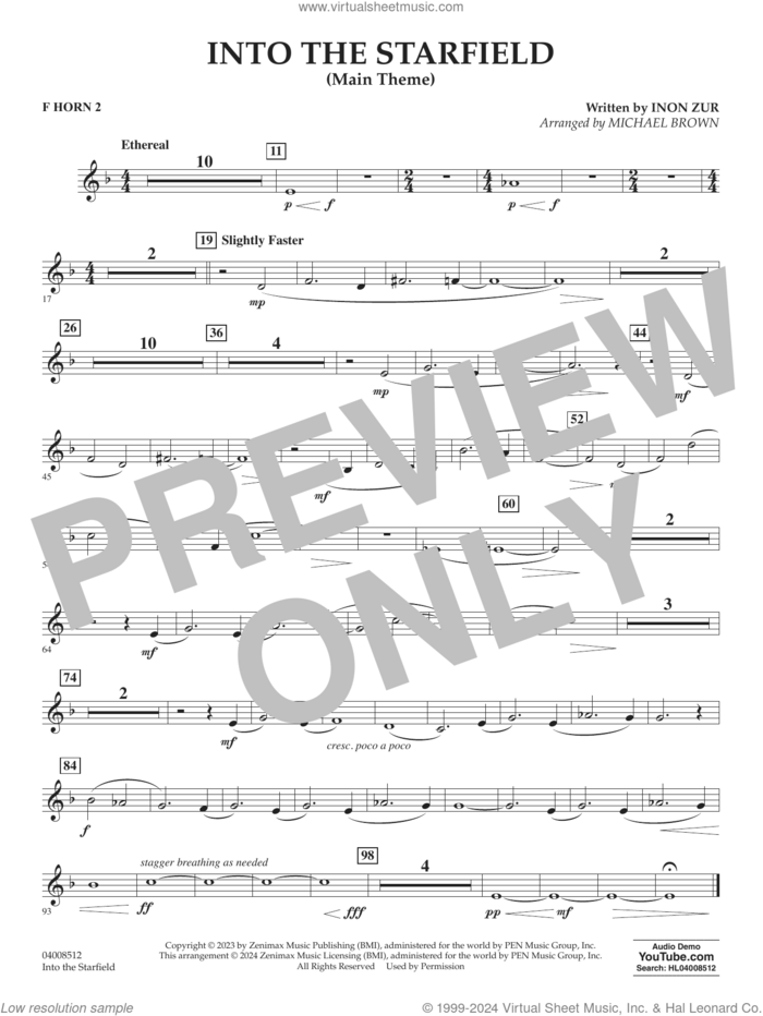 Into The Starfield (arr. Michael Brown) sheet music for concert band (f horn 2) by Inon Zur and Michael Brown, intermediate skill level