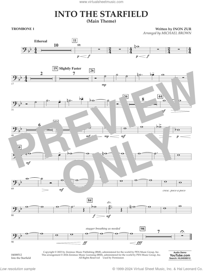 Into The Starfield (arr. Michael Brown) sheet music for concert band (trombone 1) by Inon Zur and Michael Brown, intermediate skill level