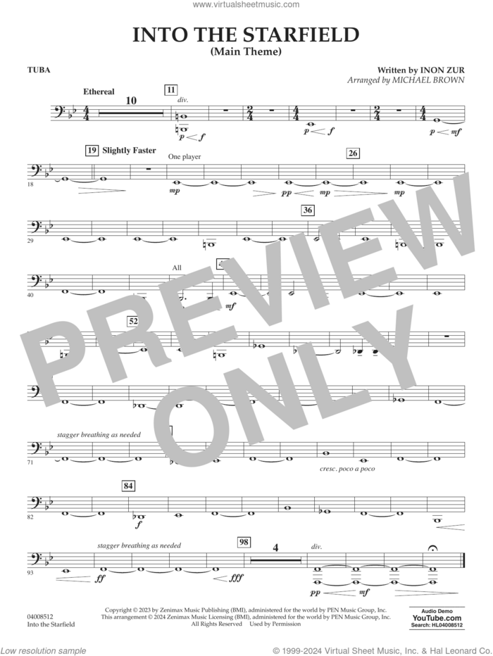 Into The Starfield (arr. Michael Brown) sheet music for concert band (tuba) by Inon Zur and Michael Brown, intermediate skill level