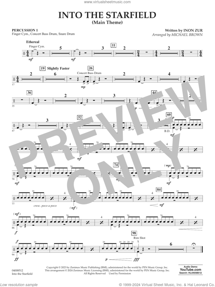 Into The Starfield (arr. Michael Brown) sheet music for concert band (percussion 1) by Inon Zur and Michael Brown, intermediate skill level