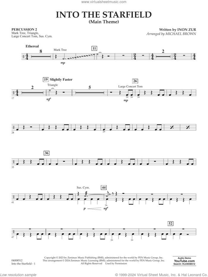 Into The Starfield (arr. Michael Brown) sheet music for concert band (percussion 2) by Inon Zur and Michael Brown, intermediate skill level