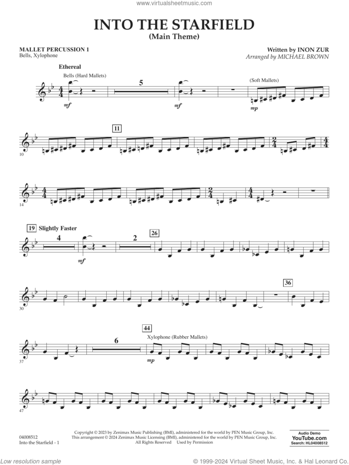 Into The Starfield (arr. Michael Brown) sheet music for concert band (mallet percussion 1) by Inon Zur and Michael Brown, intermediate skill level