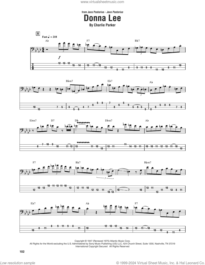 Donna Lee sheet music for bass (tablature) (bass guitar) by Jaco Pastorius and Charlie Parker, intermediate skill level
