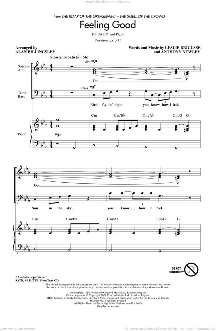 Feeling Good (arr. Alan Billingsley) sheet music for choir (SATB: soprano, alto, tenor, bass) by Leslie Bricusse and Anthony Newley, Anthony Newley, Leslie Bricusse, Alan Billingsley and Michael Buble, intermediate skill level