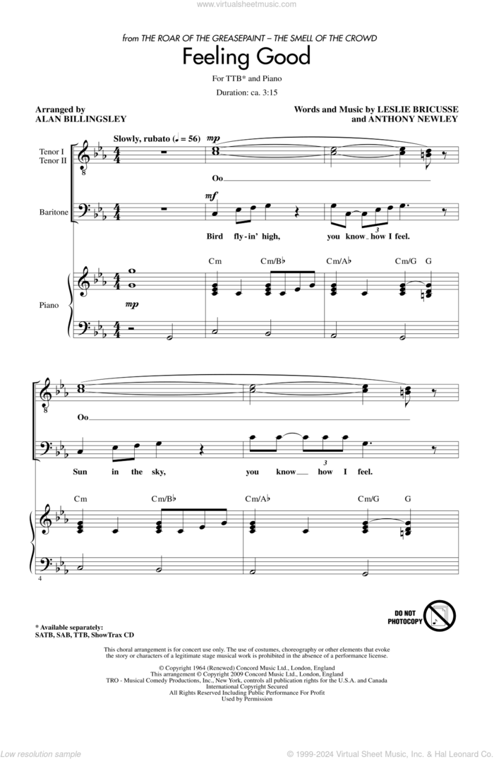 Feeling Good (arr. Alan Billingsley) sheet music for choir (TTBB: tenor, bass) by Leslie Bricusse and Anthony Newley, Anthony Newley, Leslie Bricusse, Alan Billingsley and Michael Buble, intermediate skill level