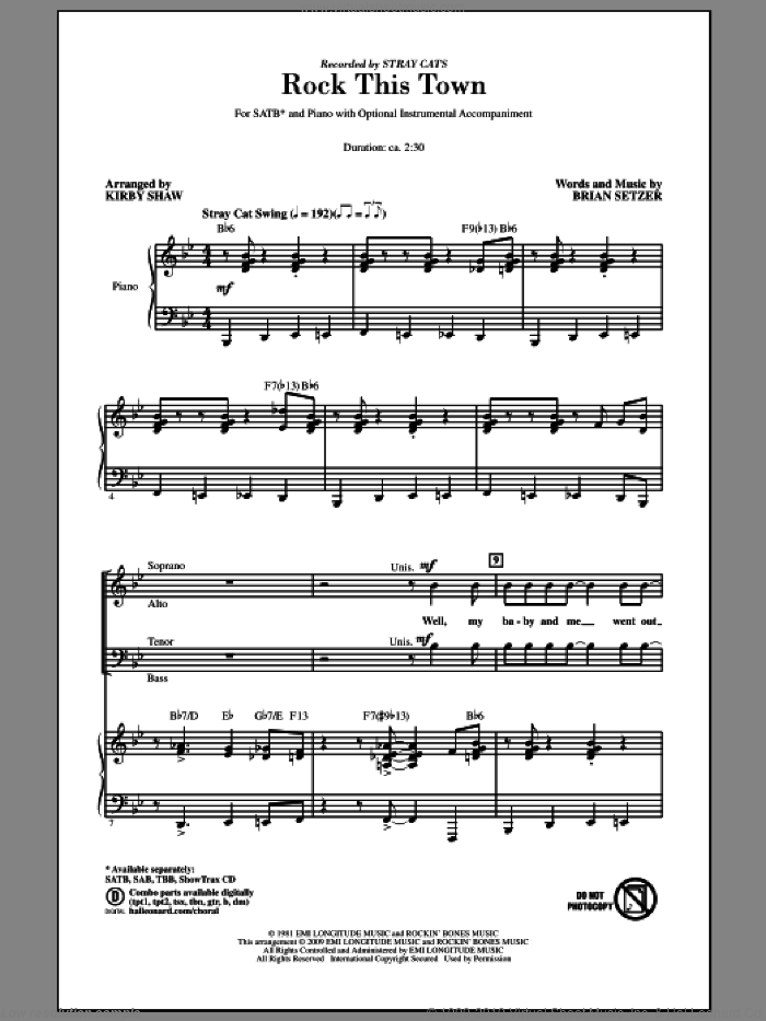 Rock This Town sheet music for choir (SATB: soprano, alto, tenor, bass) by Brian Setzer, Kirby Shaw and Stray Cats, intermediate skill level