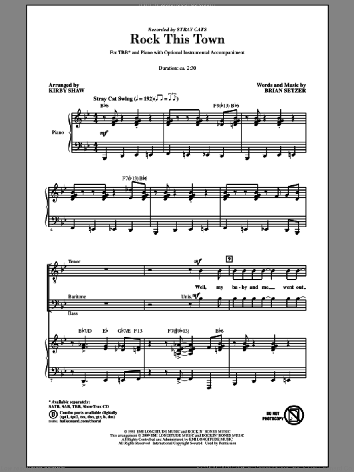 Rock This Town sheet music for choir (TBB: tenor, bass) by Brian Setzer, Kirby Shaw and Stray Cats, intermediate skill level