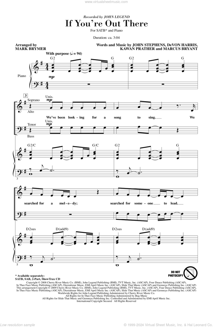 If You're Out There sheet music for choir (SATB: soprano, alto, tenor, bass) by Mark Brymer, DeVon Harris, John Stephens, Kawan Prather, Marcus Bryant and John Legend, intermediate skill level