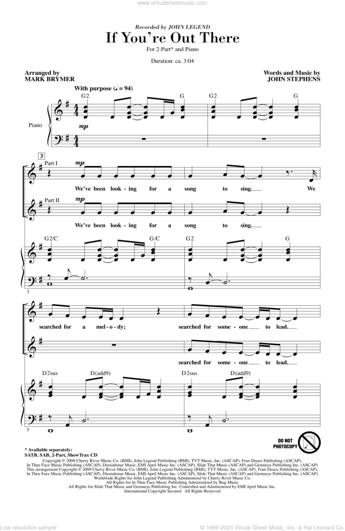 If You're Out There sheet music for choir (2-Part) by Mark Brymer, DeVon Harris, John Stephens, Kawan Prather, Marcus Bryant and John Legend, intermediate duet
