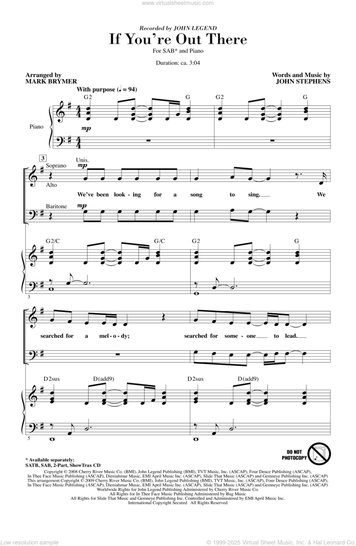 If You're Out There sheet music for choir (SAB: soprano, alto, bass) by Mark Brymer, DeVon Harris, John Stephens, Kawan Prather, Marcus Bryant and John Legend, intermediate skill level