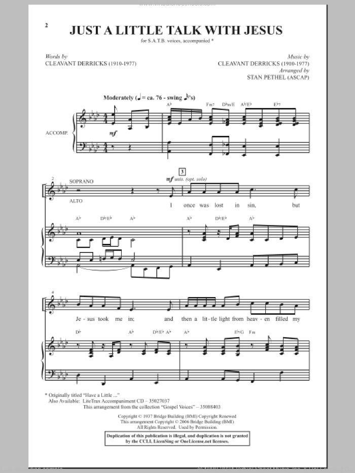 Just A Little Talk With Jesus sheet music for choir (SATB: soprano, alto, tenor, bass) by Stan Pethel and Cleavant Derricks, intermediate skill level