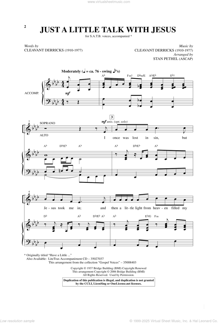 Just A Little Talk With Jesus sheet music for choir (SATB: soprano, alto, tenor, bass) by Stan Pethel and Cleavant Derricks, intermediate skill level