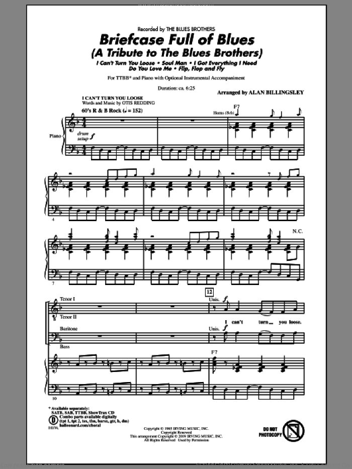 Briefcase Full Of Blues (A Tribute to the Blues Brothers) sheet music for choir (TTBB: tenor, bass) by Alan Billingsley and Blues Brothers, intermediate skill level