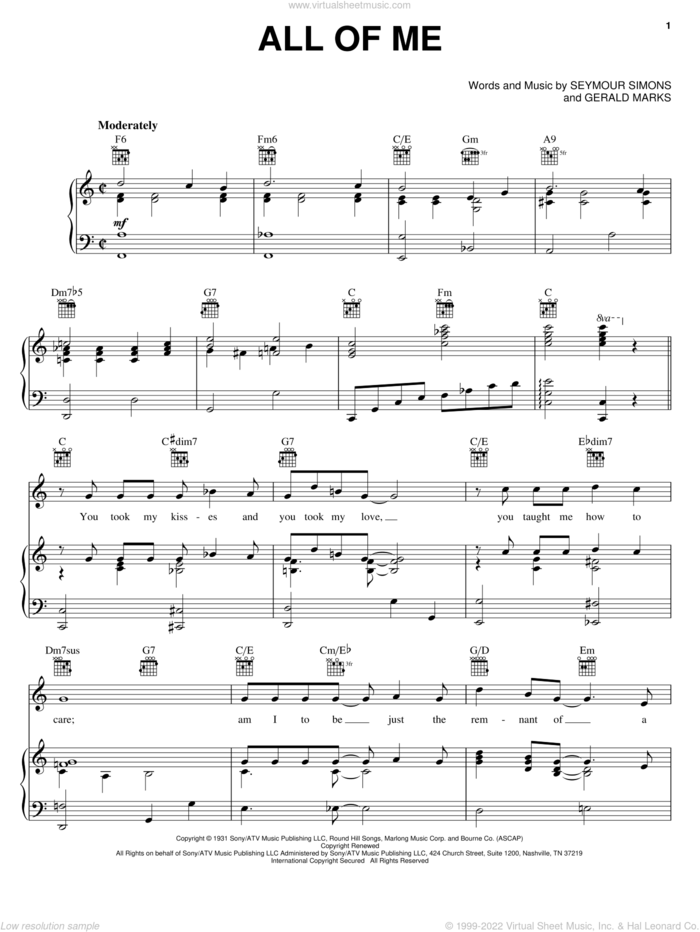 All Of Me sheet music for voice, piano or guitar by Frank Sinatra, Louis Armstrong, Willie Nelson, Gerald Marks and Seymour Simons, intermediate skill level