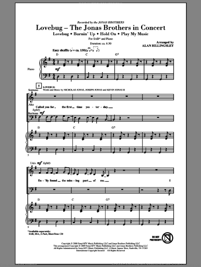 Lovebug - The Jonas Brothers In Concert (Medley) sheet music for choir (SAB: soprano, alto, bass) by Alan Billingsley and Jonas Brothers, intermediate skill level