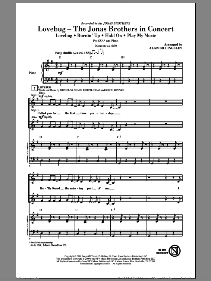 Lovebug - The Jonas Brothers In Concert (Medley) sheet music for choir (SSA: soprano, alto) by Alan Billingsley and Jonas Brothers, intermediate skill level