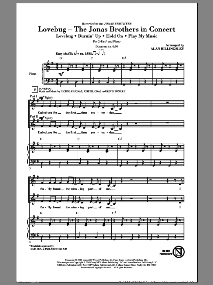 Lovebug - The Jonas Brothers In Concert (Medley) sheet music for choir (2-Part) by Alan Billingsley and Jonas Brothers, intermediate duet