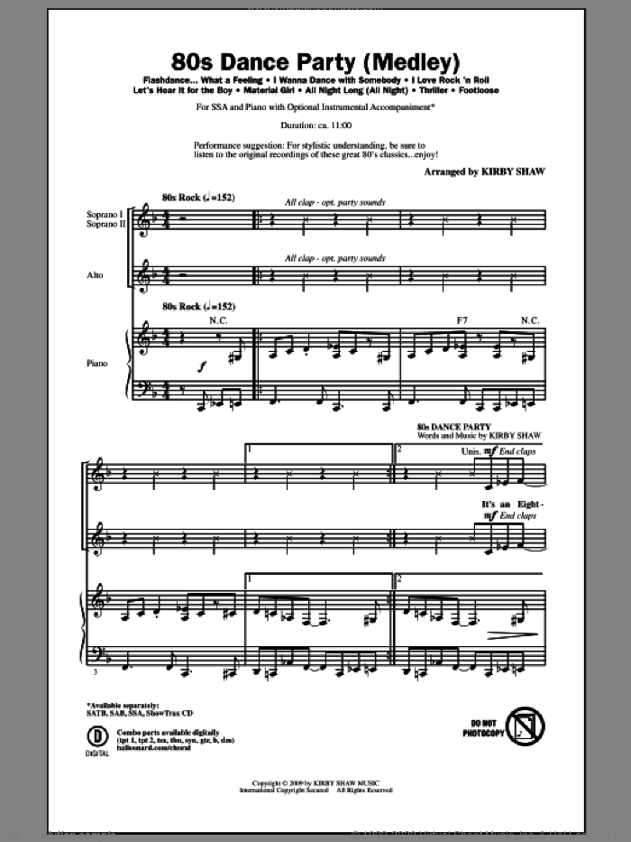 80s Dance Party (Medley) sheet music for choir (SSA: soprano, alto) by Kirby Shaw, intermediate skill level