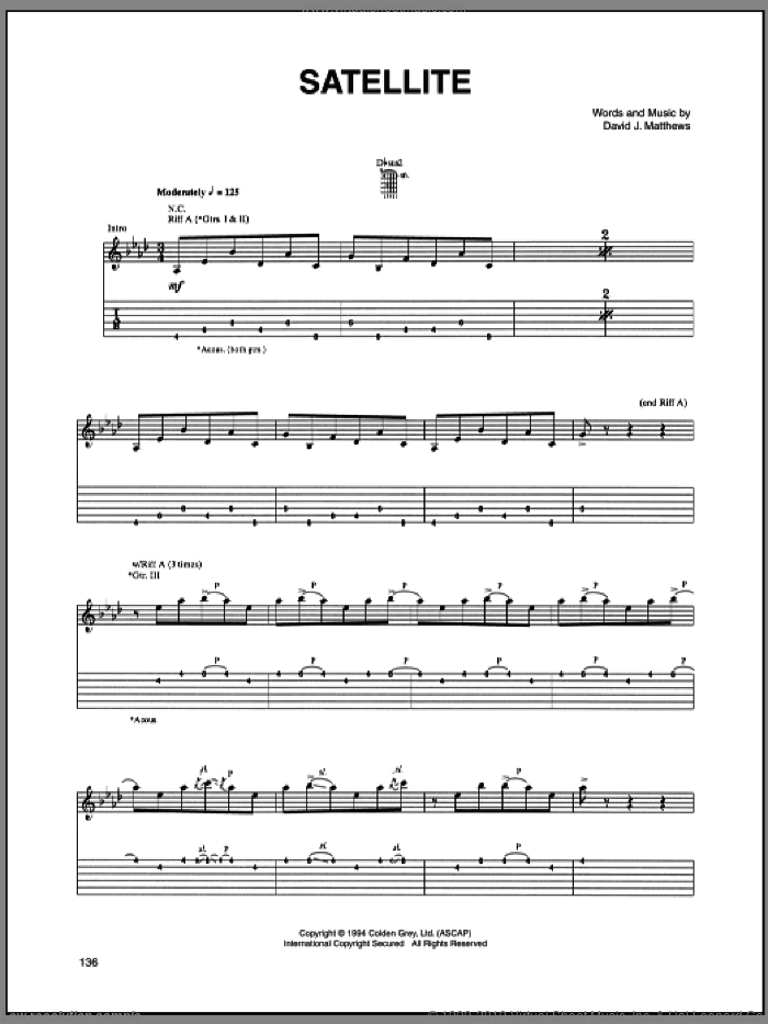 Satellite sheet music for guitar (tablature) by Dave Matthews Band, intermediate skill level