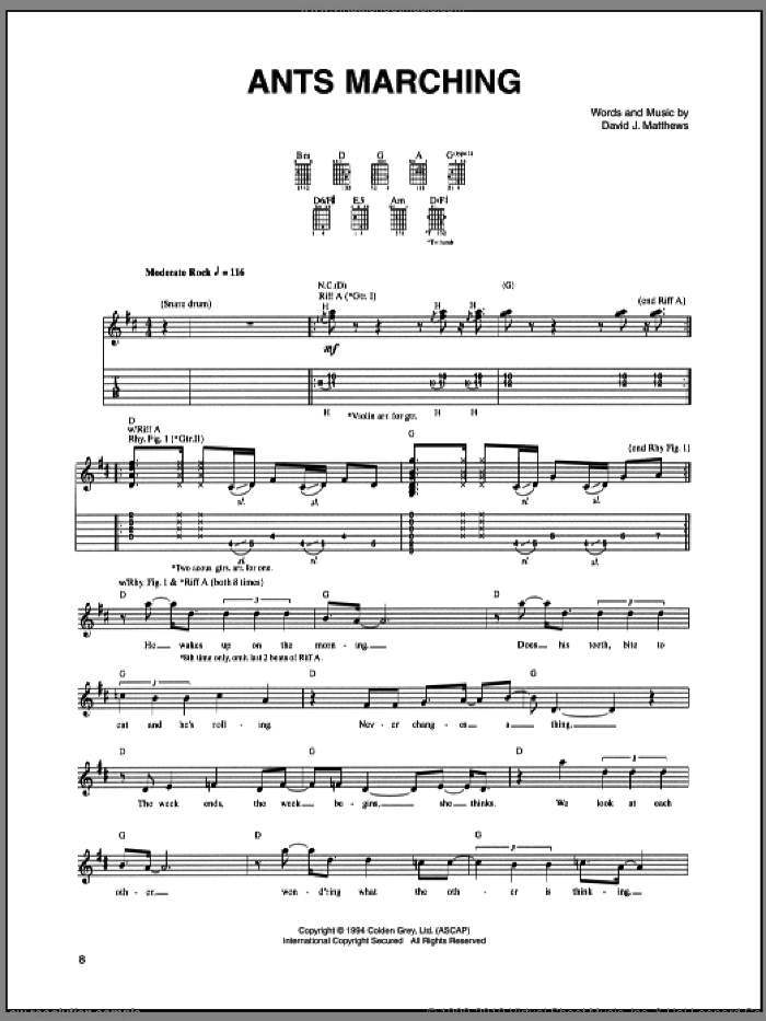Ants Marching sheet music for guitar (tablature) by Dave Matthews Band, intermediate skill level