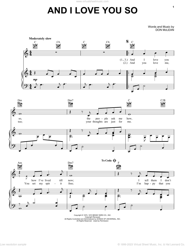 And I Love You So sheet music for voice, piano or guitar by Don McLean, Elvis Presley, Helen Reddy, Perry Como and Shirley Bassey, wedding score, intermediate skill level