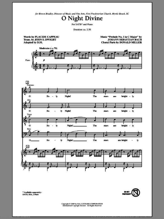 O Night Divine sheet music for choir (SATB: soprano, alto, tenor, bass) by Johann Sebastian Bach and Donald Miller, intermediate skill level