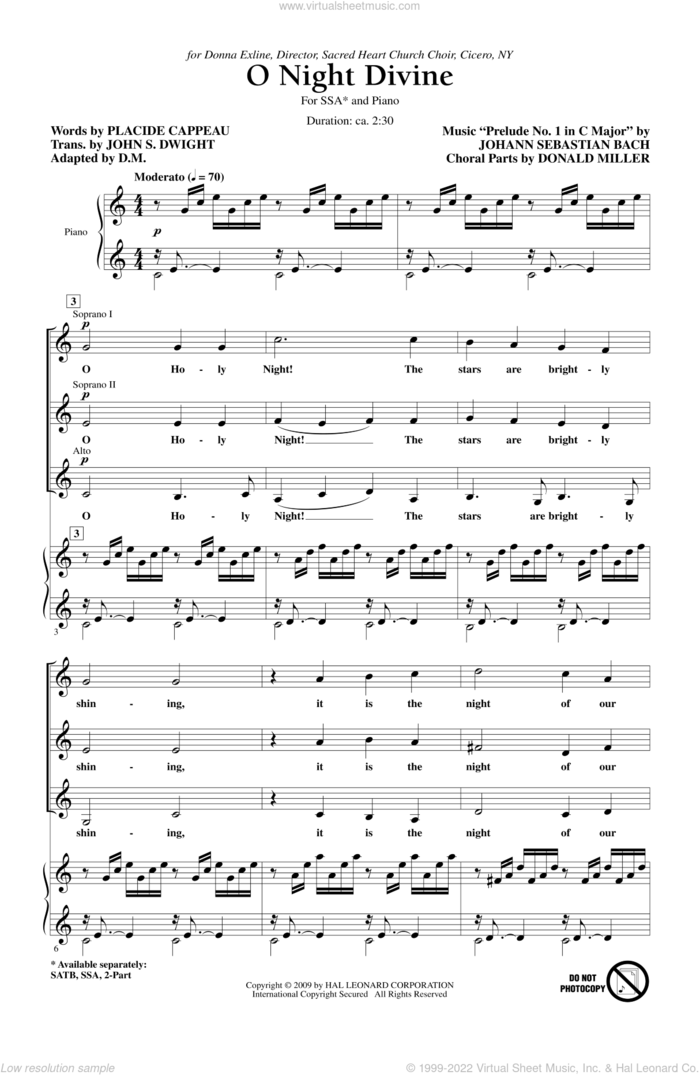 O Night Divine sheet music for choir (SSA: soprano, alto) by Johann Sebastian Bach and Donald Miller, intermediate skill level