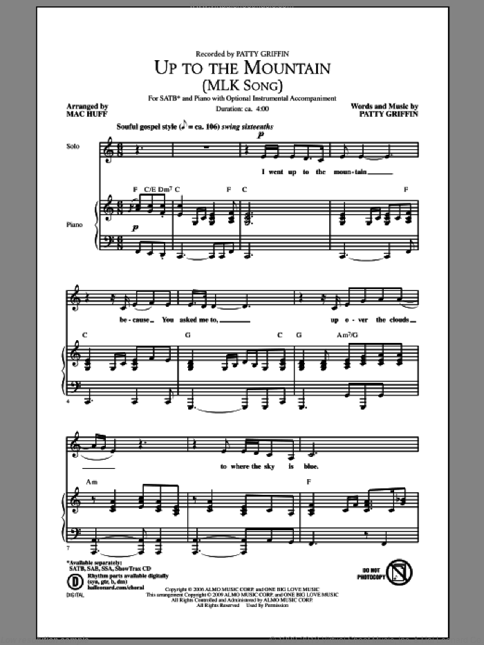 Up To The Mountain (MLK Song) sheet music for choir (SATB: soprano, alto, tenor, bass) by Patty Griffin, Kelly Clarkson and Mac Huff, intermediate skill level