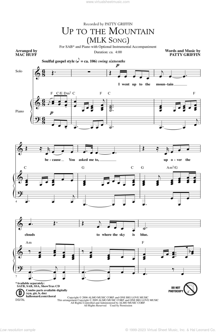 Up To The Mountain (MLK Song) sheet music for choir (SAB: soprano, alto, bass) by Patty Griffin, Kelly Clarkson and Mac Huff, intermediate skill level