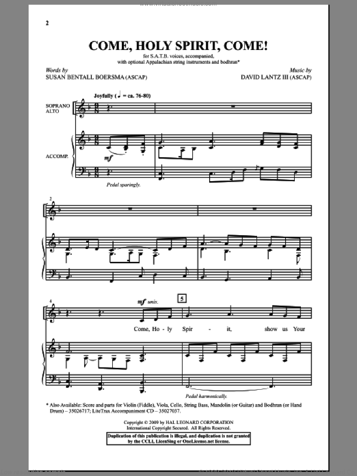 Come, Holy Spirit, Come! sheet music for choir (SATB: soprano, alto, tenor, bass) by David Lantz and Susan Bentall Boersma, intermediate skill level